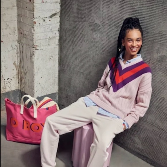 KULE Cotton Cashmere Rib Knit Striped V-Neck Pullover Varsity Tennis Sweater XS - Picture 3 of 12